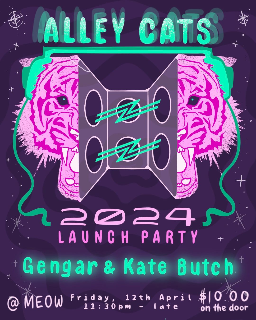A gig poster, with an electric pink and green theme, the main image is a tiger's snarling face split by a soundsystem